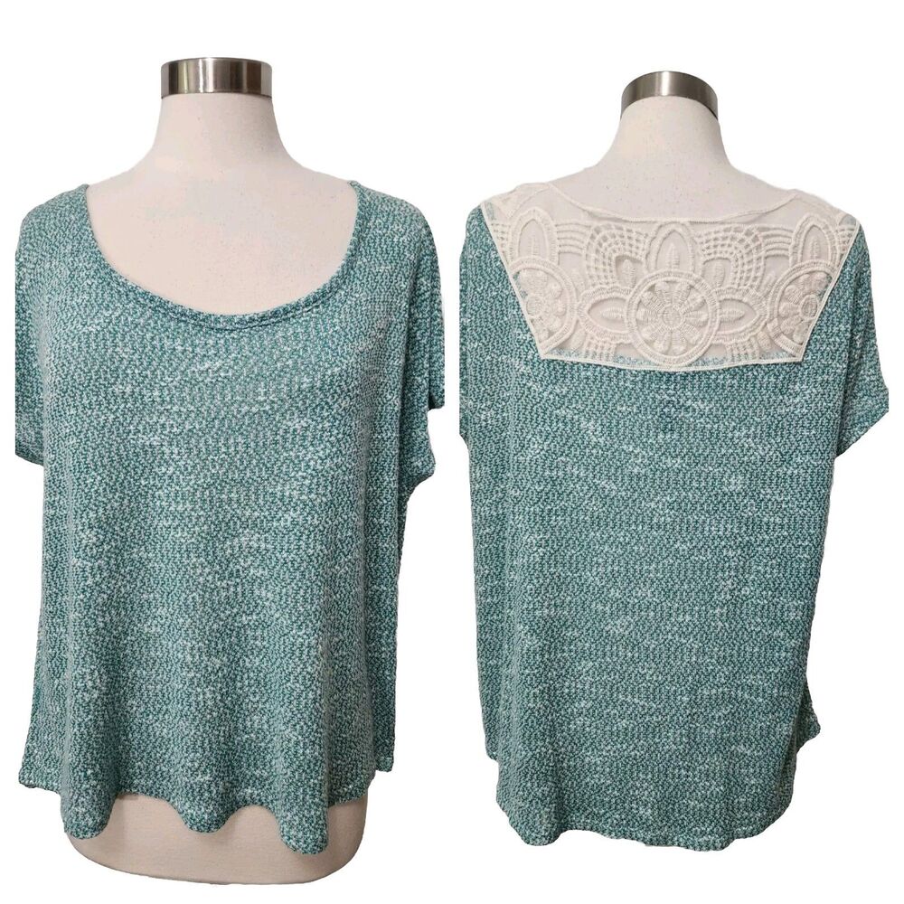 Massini Womens Top XL Green Knit Back Lace Neckline Pullover Cap Sleeve Boho